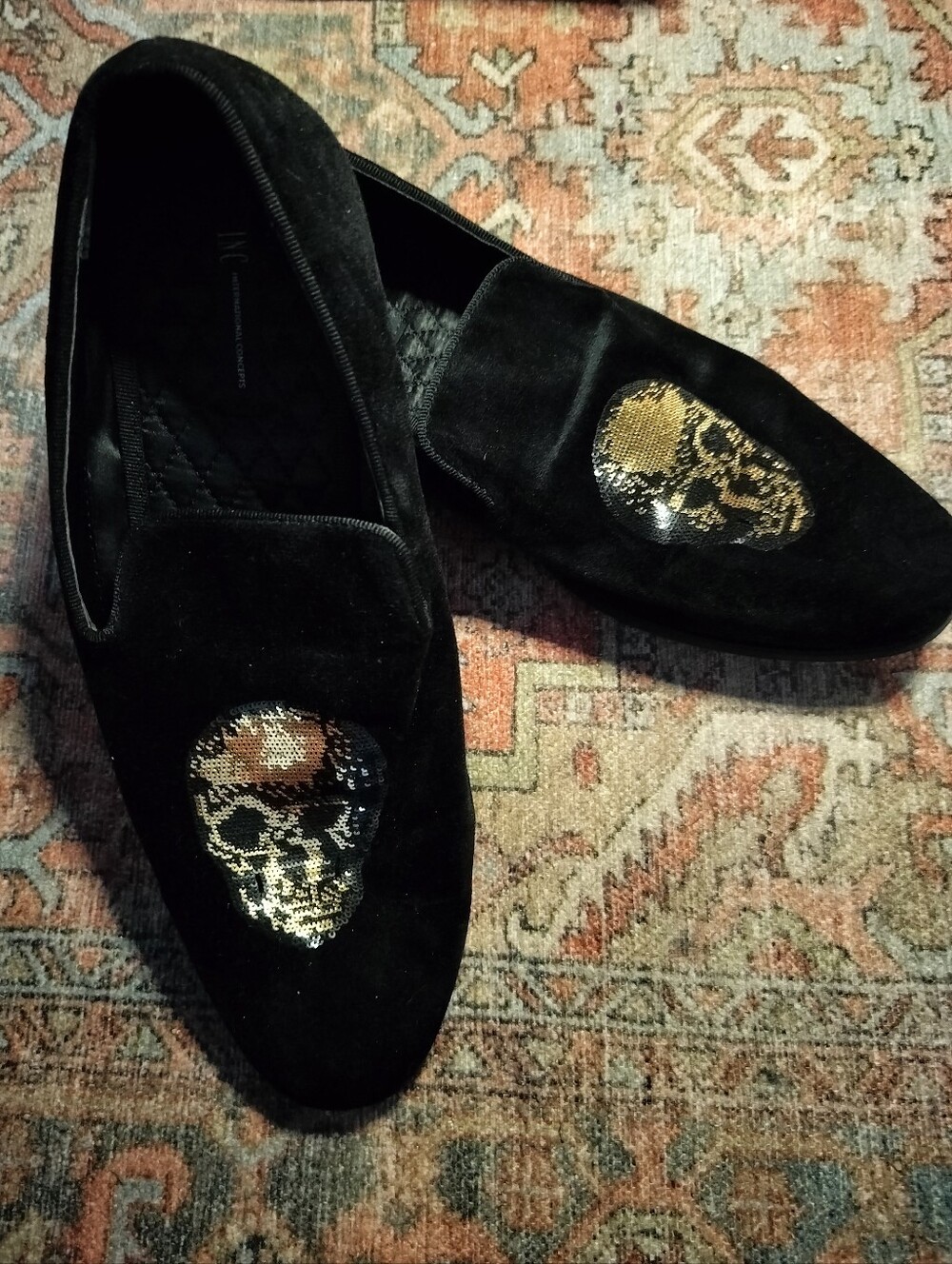 Inc. Concept Nova Black Velvet Men's Nova Gold Sequin Skull Loafer Slipper 10.5